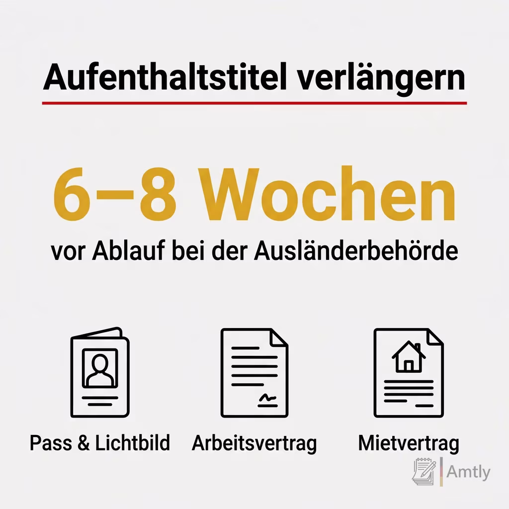Infografik Aufenthaltstitel verlängern: 6–8 Wochen — vor Ablauf bei der Ausländerbehörde. Pass & Lichtbild, Arbeitsvertrag, Mietvertrag.