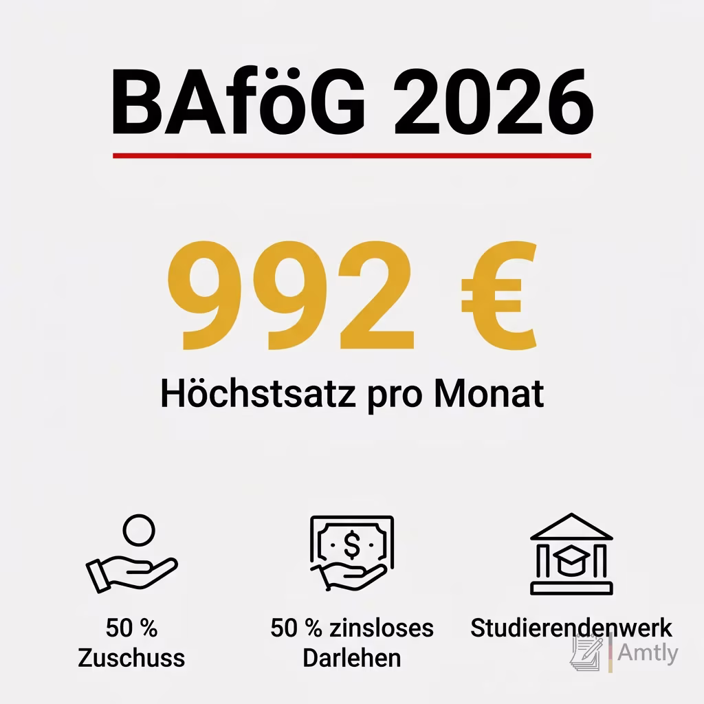 Infografik BAföG 2026: 992 € — Höchstsatz pro Monat. 50 % Zuschuss, 50 % zinsloses Darlehen, Studierendenwerk.