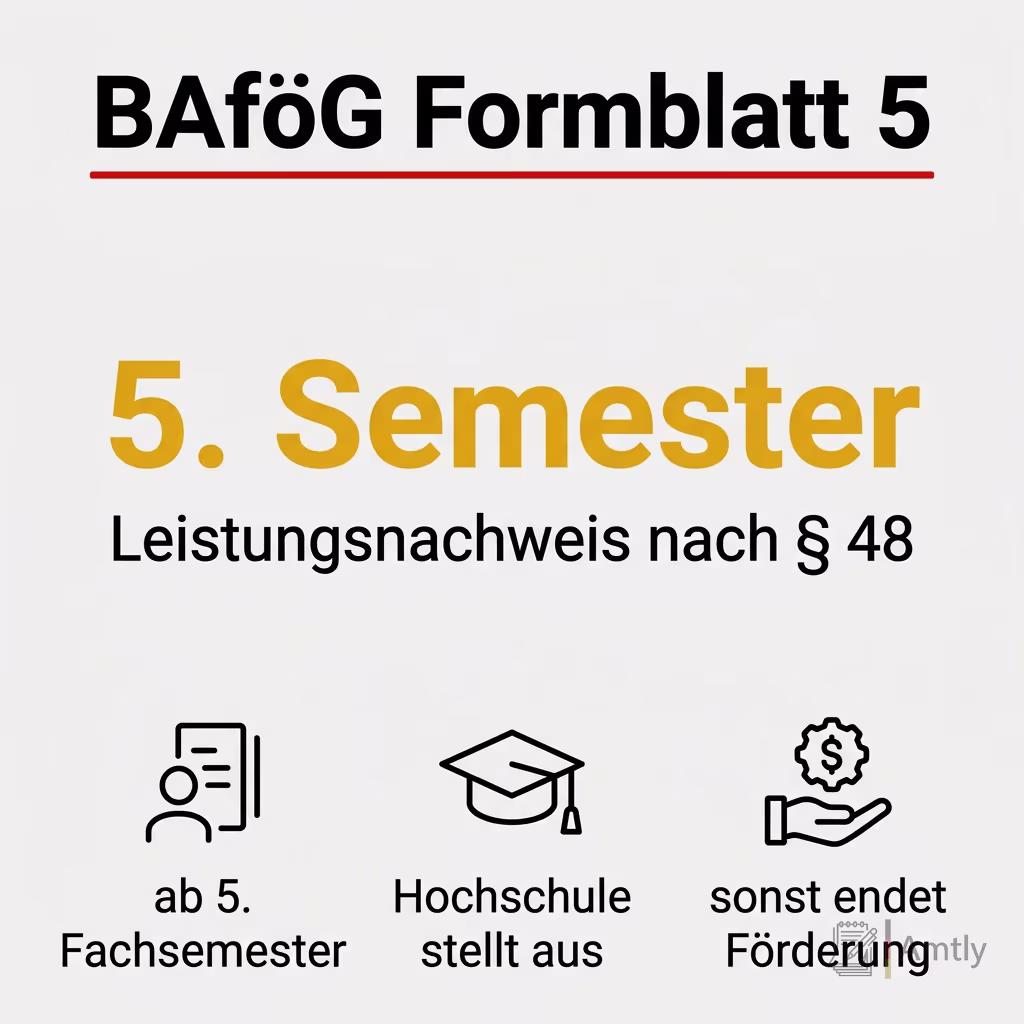 Infografik BAföG Formblatt 5: 5. Semester — Leistungsnachweis nach § 48. ab 5. Fachsemester, Hochschule stellt aus, sonst endet Förderung.