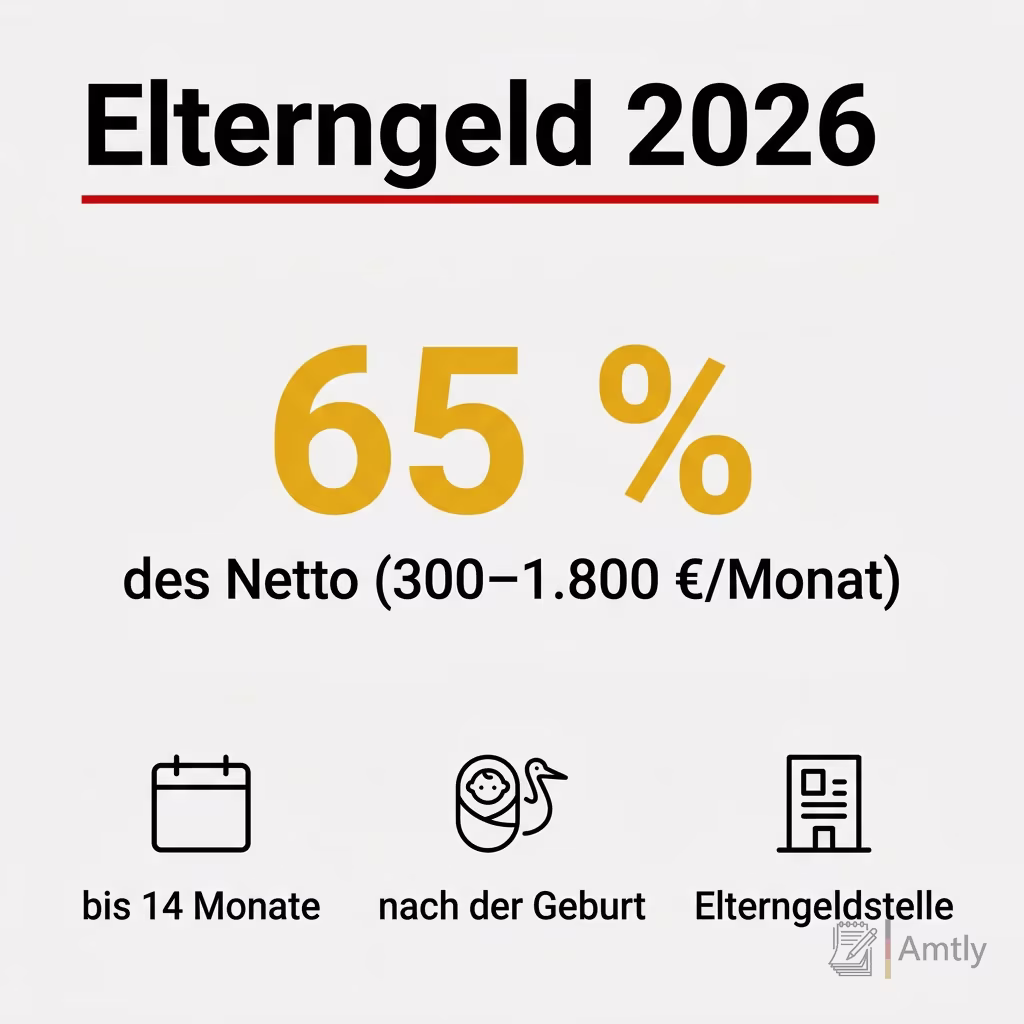 Infografik Elterngeld 2026: 65 % — des Netto (300–1.800 €/Monat). bis 14 Monate, nach der Geburt, Elterngeldstelle.