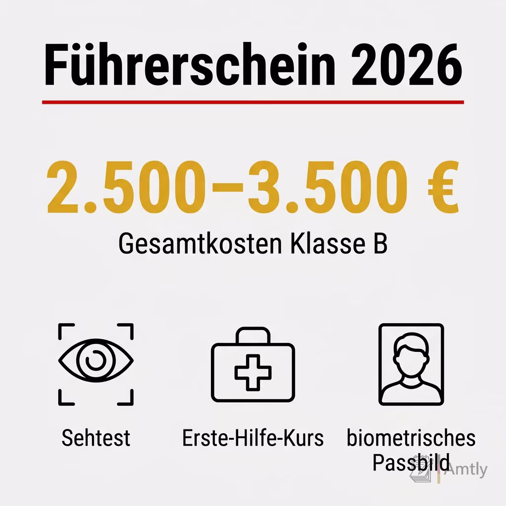 Infografik Führerschein 2026: 2.500–3.500 € — Gesamtkosten Klasse B. Sehtest, Erste-Hilfe-Kurs, biometrisches Passbild.