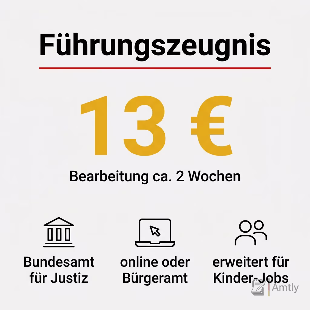 Infografik Führungszeugnis: 13 € — Bearbeitung ca. 2 Wochen. Bundesamt für Justiz, online oder Bürgeramt, erweitert für Kinder-Jobs.