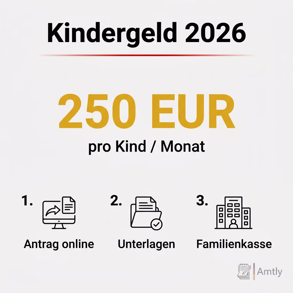 Infografik Kindergeld 2026: 250 € — pro Kind/Monat. Antrag online, Unterlagen, Familienkasse.