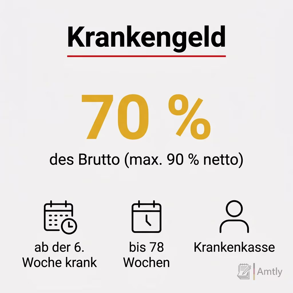 Infografik Krankengeld: 70 % — des Brutto (max. 90 % netto). ab der 6. Woche krank, bis 78 Wochen, Krankenkasse.