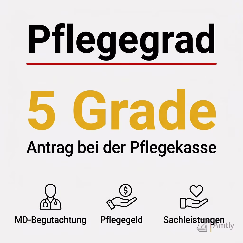 Infografik Pflegegrad: 5 Grade — Antrag bei der Pflegekasse. MD-Begutachtung, Pflegegeld, Sachleistungen.