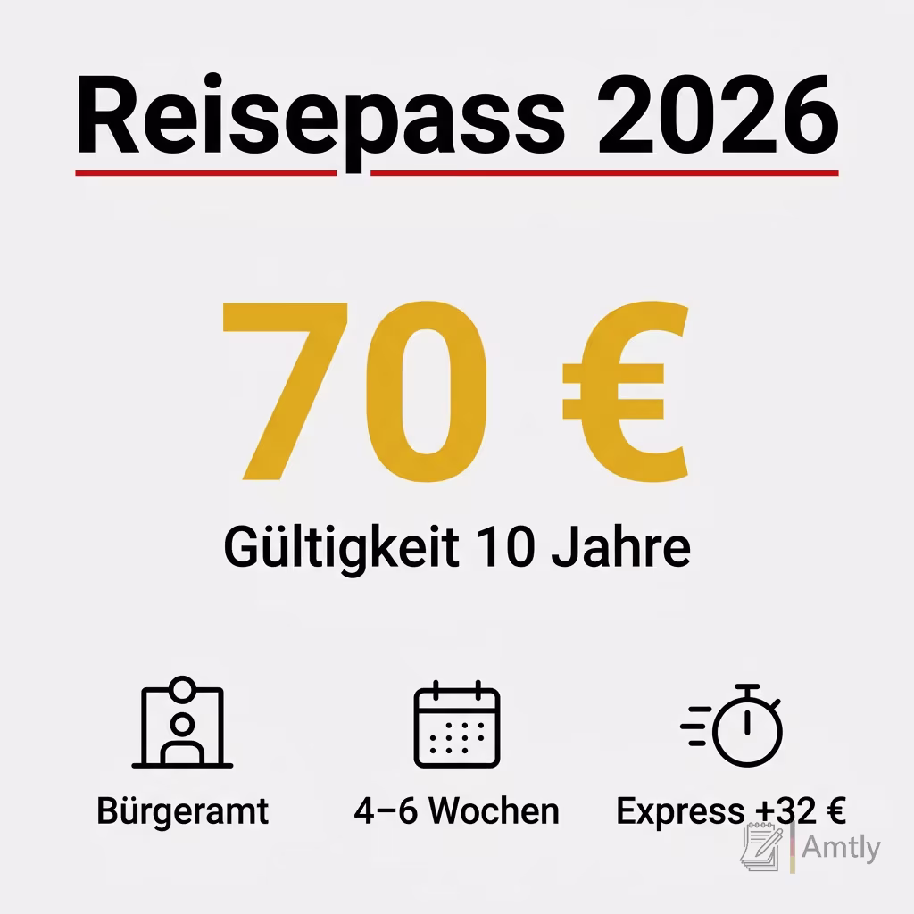 Infografik Reisepass 2026: 70 € — Gültigkeit 10 Jahre. Bürgeramt, 4–6 Wochen, Express +32 €.