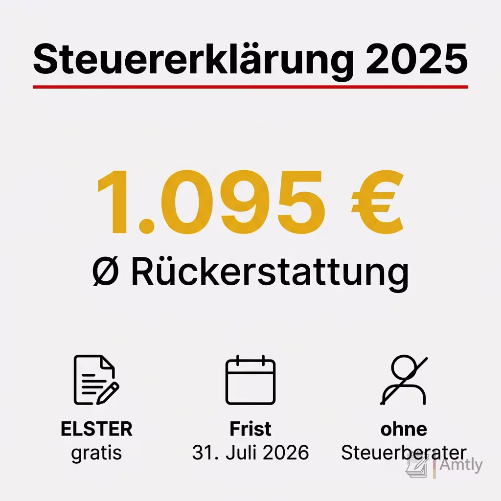 Infografik Steuererklärung 2025: 1.095 € — Ø Rückerstattung. ELSTER gratis, Frist 31. Juli 2026, ohne Steuerberater.