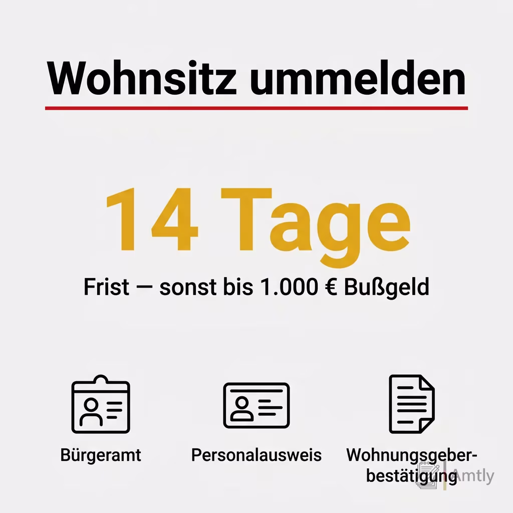 Infografik Wohnsitz ummelden: 14 Tage — Frist — sonst bis 1.000 € Bußgeld. Bürgeramt, Personalausweis, Wohnungsgeberbestätigung.